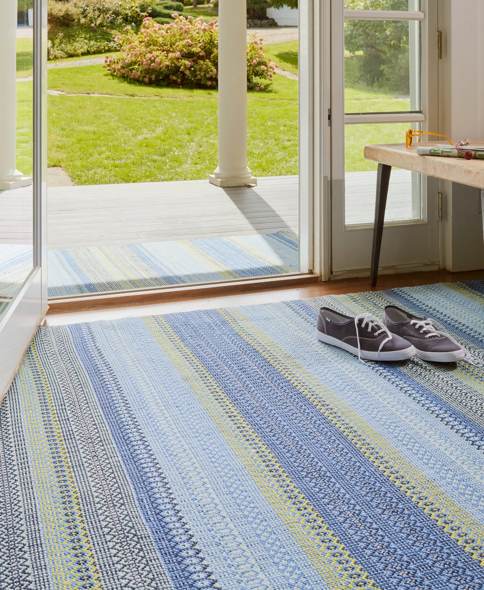 fiesta stripe handwoven indoor/outdoor rug | french blue/green fiesta stripe handwoven indoor/outdoor rug | french blue/green
